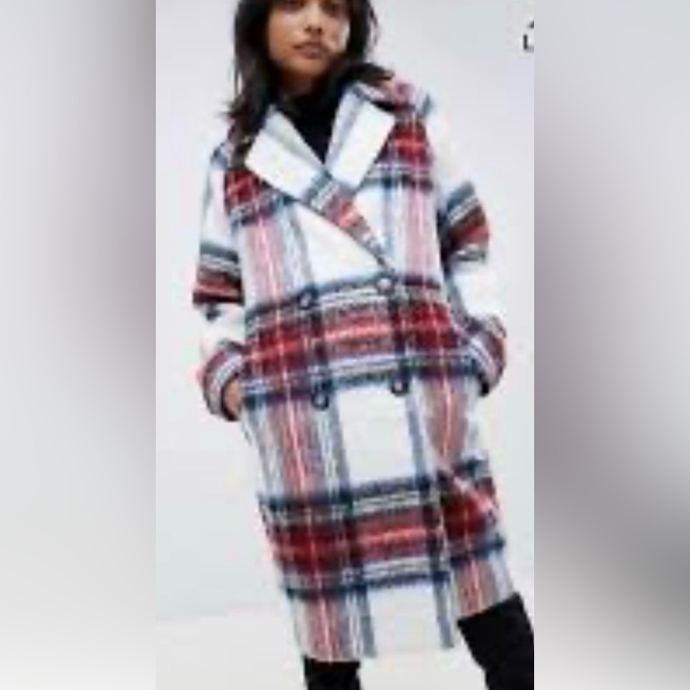 ASOS White, Red and Blue Plaid Pea Coat
